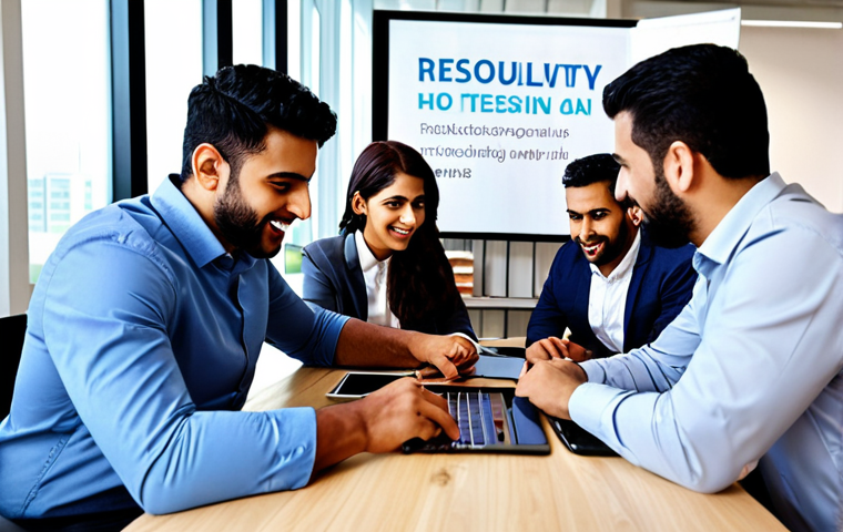 **
A diverse group of Arab professionals collaborating in a modern office. Focus on knowledge sharing, teamwork, and using digital tools like tablets and laptops. Emphasize a positive and innovative workplace atmosphere with bright lighting and a motivational poster in the background.
**
