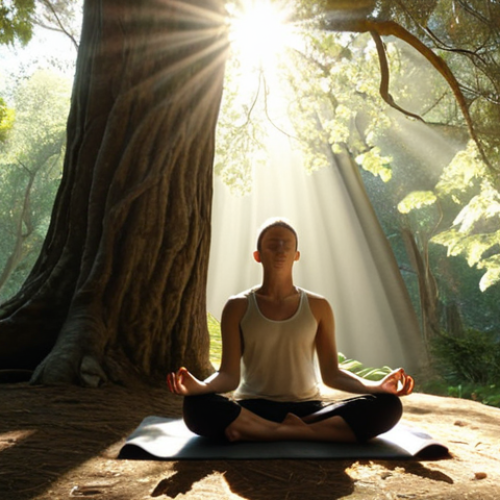 Home 22 A person meditating in a serene environment, sunlight filtering through trees. Prompt: "Serene person meditating, sunlight, peaceful nature, mindfulness."