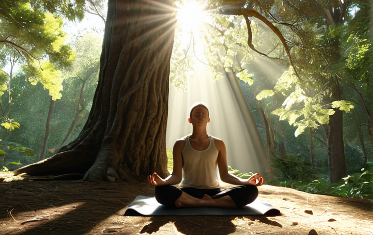 A person meditating in a serene environment, sunlight filtering through trees. Prompt: "Serene person meditating, sunlight, peaceful nature, mindfulness."