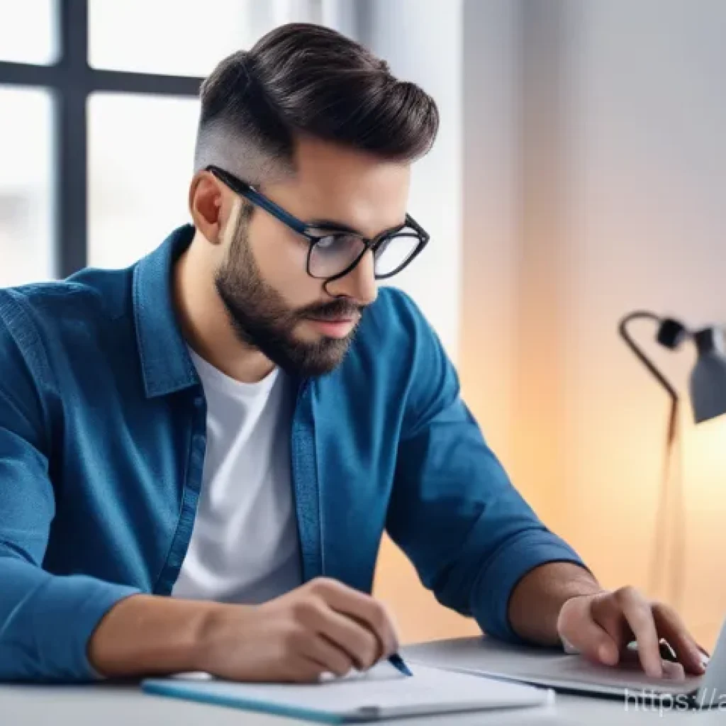 자기관리와 인지적 자원 전략 - A focused young professional, of ambiguous gender, in a modern, minimalist home office. The scene sh...