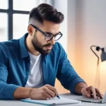 자기관리와 인지적 자원 전략 - A focused young professional, of ambiguous gender, in a modern, minimalist home office. The scene sh...