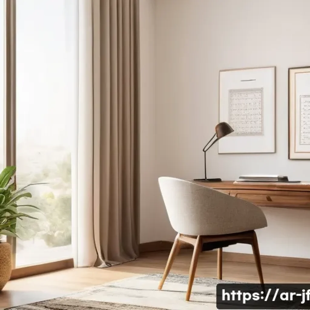 인지적 자원 관리의 기본 원칙 - A modern, well-organized Arabic home office with warm natural lighting, featuring a tidy wooden desk...