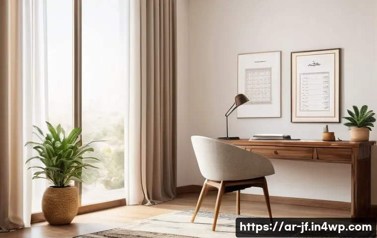 인지적 자원 관리의 기본 원칙 - A modern, well-organized Arabic home office with warm natural lighting, featuring a tidy wooden desk...