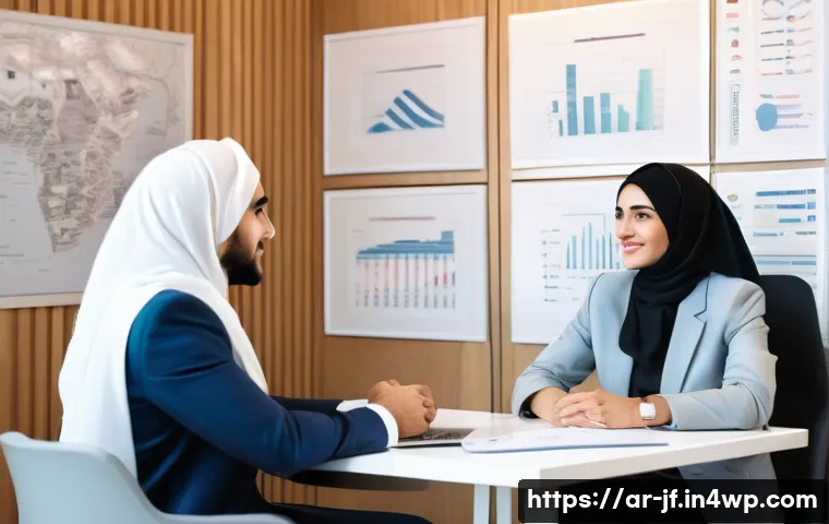 인지적 자원 관리의 대인 관계 기술 - A professional Middle Eastern man and woman sitting across from each other at a modern office table,...