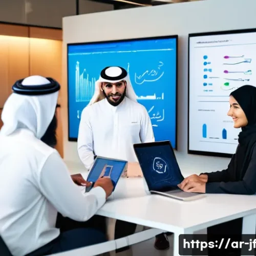 인지적 자원 관리와 직원 참여도 - A modern Arabic office environment showing a diverse team of professionals collaborating around a la...