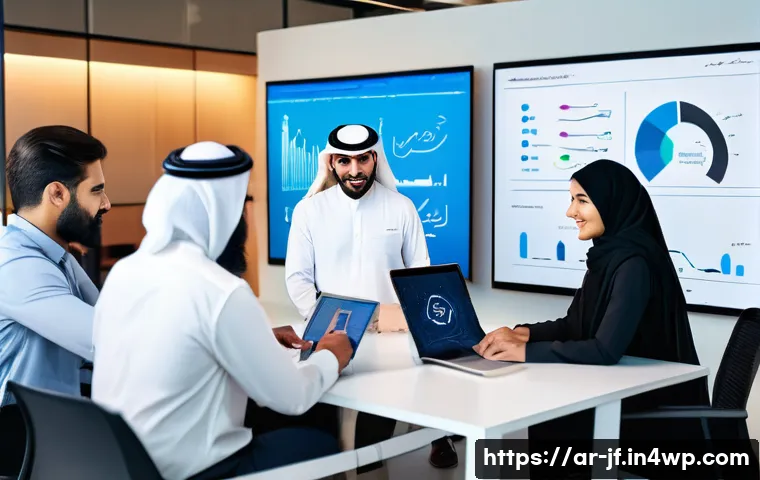 인지적 자원 관리와 직원 참여도 - A modern Arabic office environment showing a diverse team of professionals collaborating around a la...