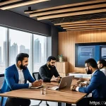 Home 23 직장 내 인지적 자원 관리 워크숍 - A modern Arab office environment showcasing diverse professionals engaged in a lively knowledge-shar...