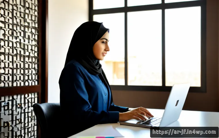 업무 효율성을 높이는 인지적 전략 - Photorealistic Arab professional in modest business attire at a clean modern home office, calmly pri...