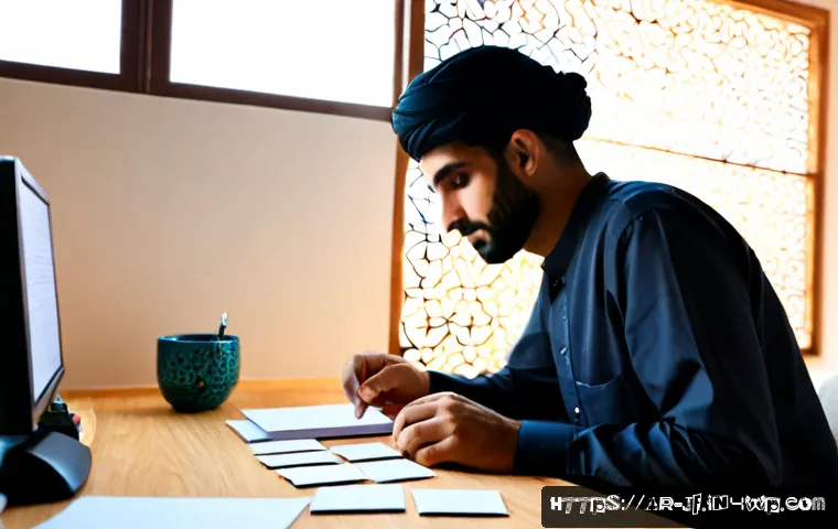 효율적인 문제 해결을 위한 인지적 자원 전략 - Photorealistic Arab professional in a bright modern home office, calmly solving a complex task by ar...